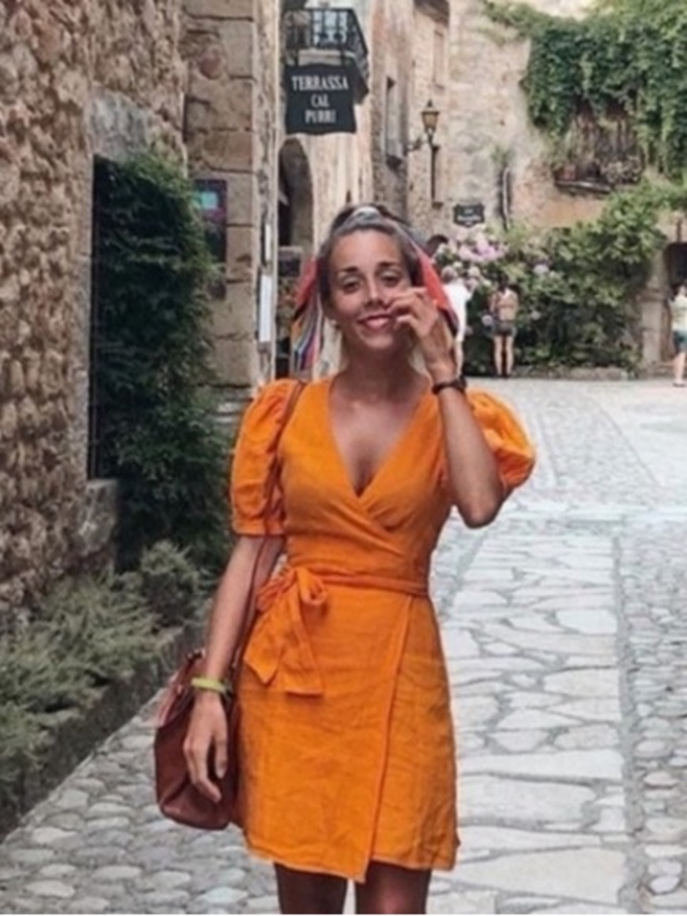 Zara Women’s Linen Orange Wrap Mini Dress with Puff Sleeves - Picture 3 of 9